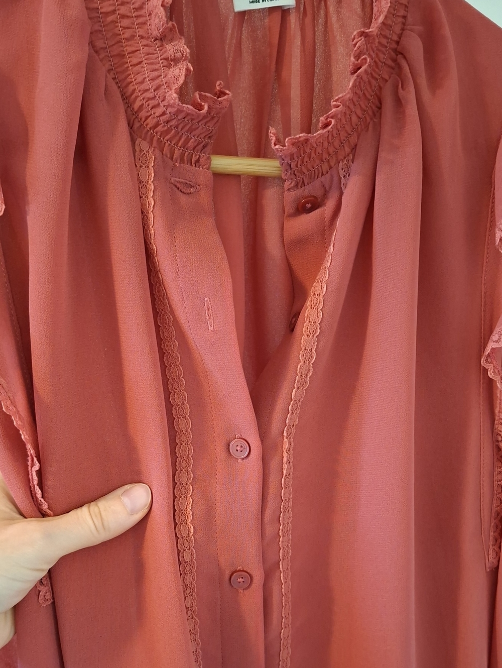 Wilfred Sheer Flowy "Tilda" Coral Ruffle-Trim Button Front Blouse (Size XS) - Picture 5 of 10